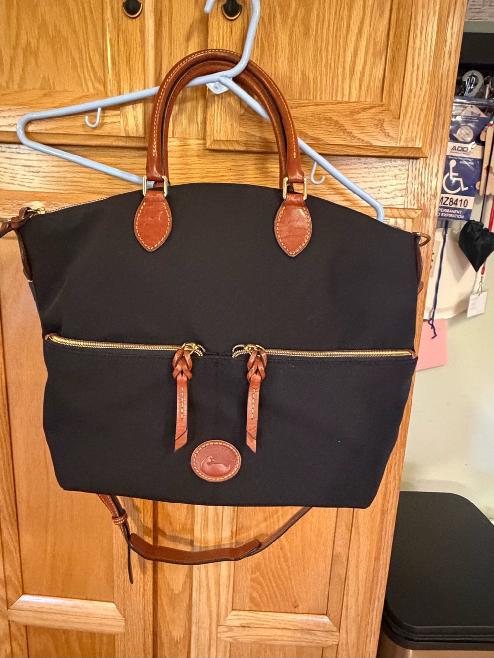 Dooney & Bourke Black Nylon Satchel with Brown Leather Trim and Gold Hardware